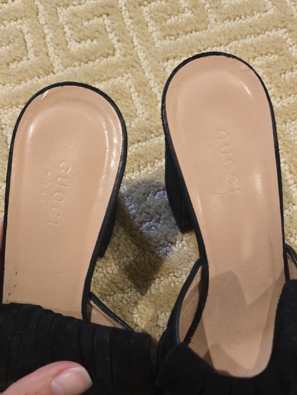Gucci Black Suede Fringe Mules with Gold Double G, Size 38 - Picture 10 of 12